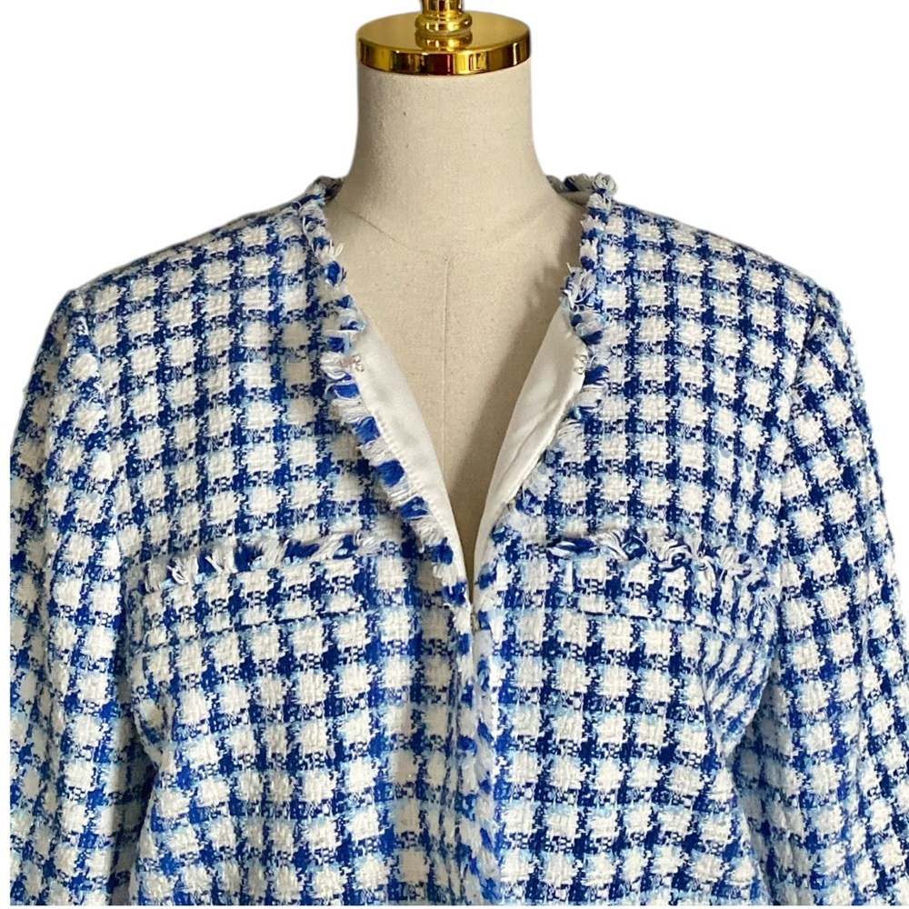 Ann Taylor Women Blue White Plaid Classic Tweed Fringe Trim Office Blazer Sz 16 - Picture 7 of 10